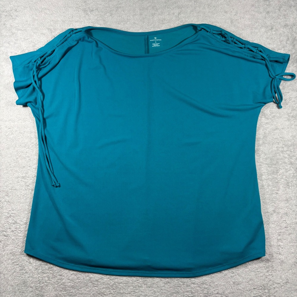 Worthington Lace‎ Up Shoulder Top Womens XL Teal Blue Short Sleeve Boat Neck